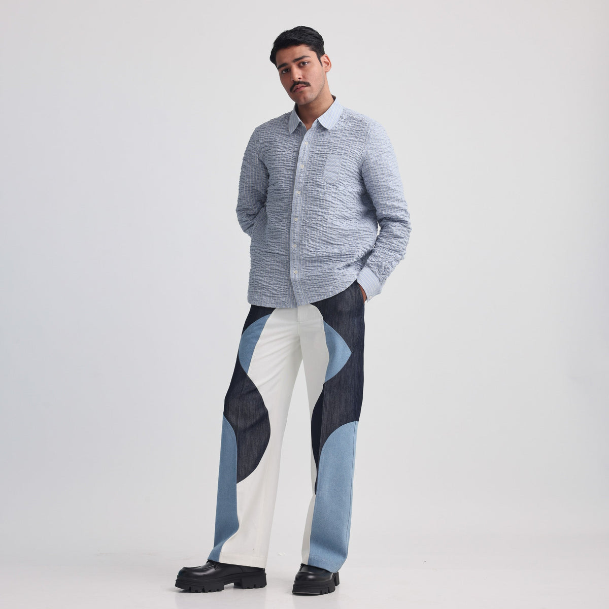 Border Panelled Trousers-Blue