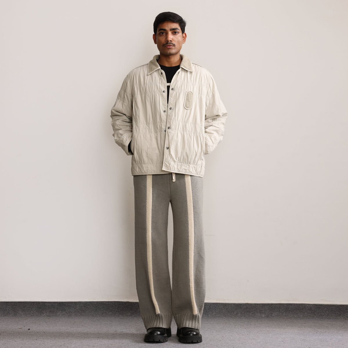 Fibula Striped Hand-knitted Trousers- Grey