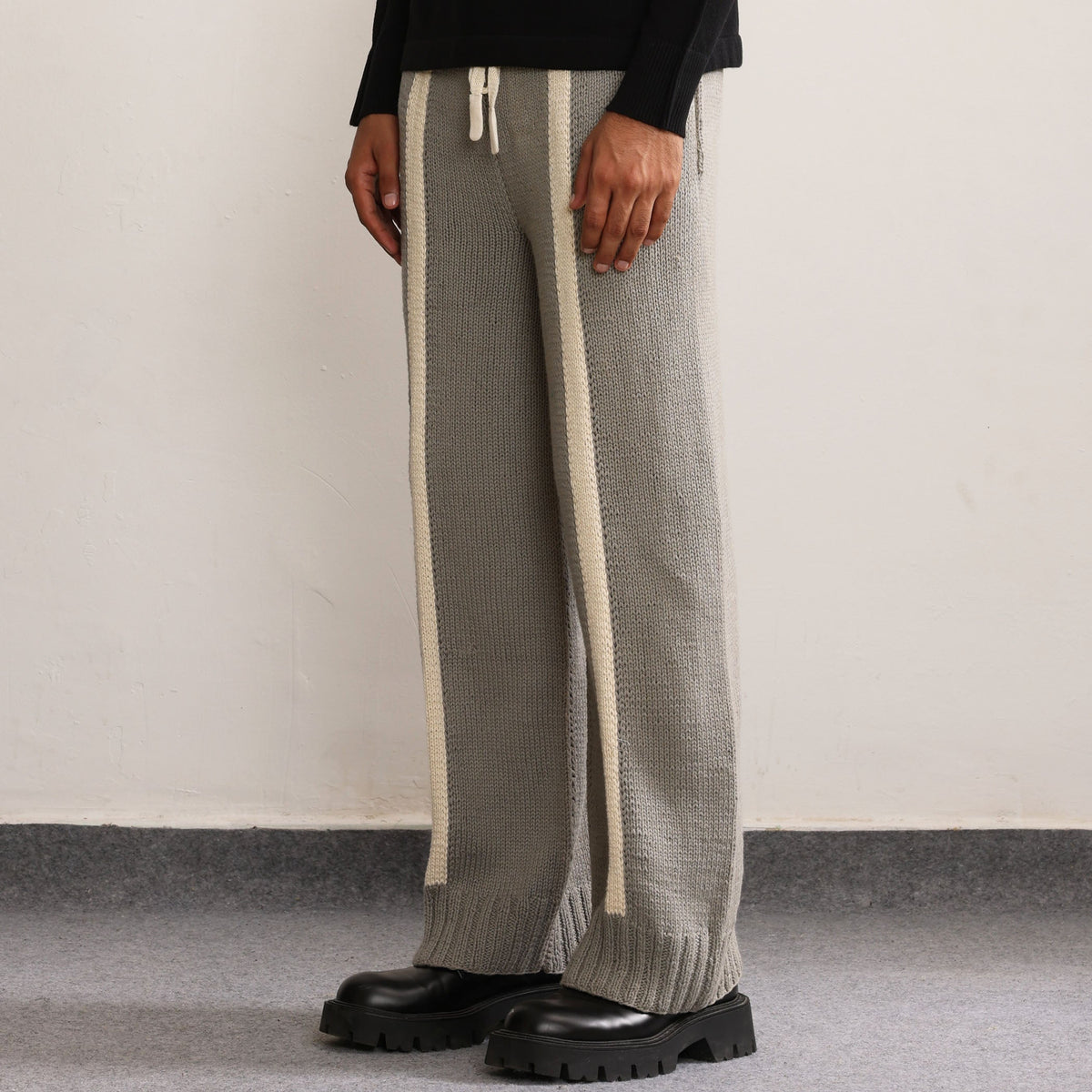 Fibula Striped Hand-knitted Trousers- Grey