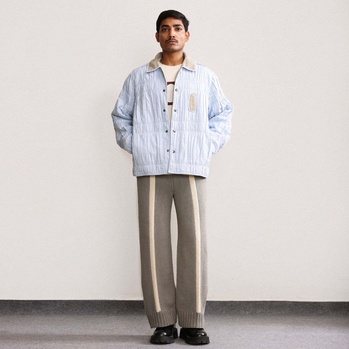 Fibula Striped Hand-knitted Trousers- Grey